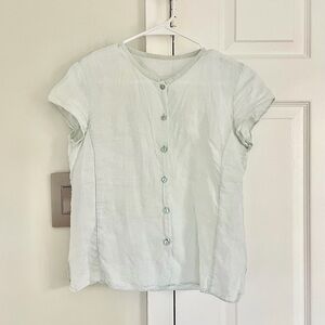 Eileen Fisher 100% Irish Linen Button Down Shirt Size XS Mint Green Coastal